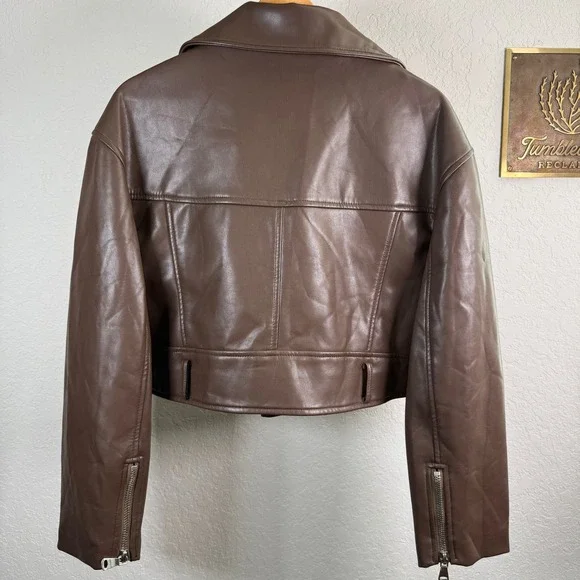 Lioness Staten Island Brown Vegan Leather Cropped Moto Jacket Womens XS NEW - Picture 9 of 11